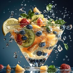Poster - A splash of sliced lemon in a cocktail glass, with colorful fruit garnishes, inviting summer vibes.