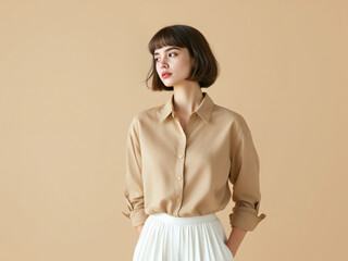 Woman is wearing a tan shirt and white skirt