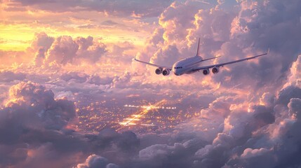 Poster - A dramatic shot of an airplane descending through the clouds, with the runway lights visible in the distance and the sky painted in soft hues.