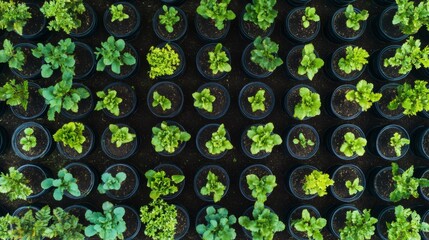 Poster - A drone shot of a tree plantation, focusing on rows of young trees in an organized, lush green area.