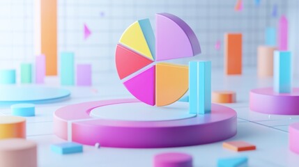 Poster - A dynamic D pie chart with segments in various bright colors, each section floating slightly above a white surface, symbolizing data analysis and statistics.