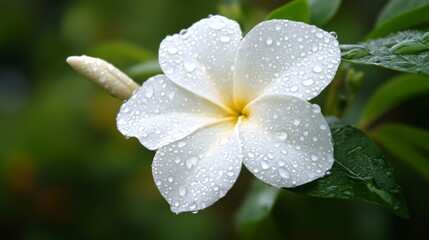 Poster - A fresh bloom with tiny droplets of water on its petals, set against a blurred natural background of lush foliage.