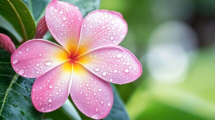 Aufkleber - A fresh bloom with tiny droplets of water on its petals, set against a blurred natural background of lush foliage.