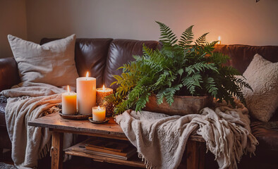 Poster - A couch is covered with a blanket and a plant. There are candles on a table in front of the couch
