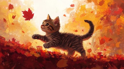 Poster - A kitten frolicking through autumn leaves, kicking up colorful reds and yellows as it chases a falling leaf.