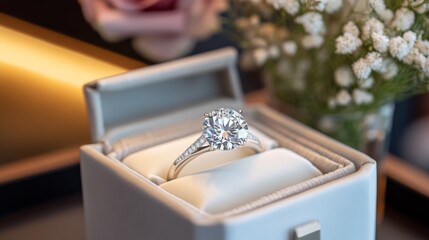 Poster - A large, flawless diamond resting in a cushioned white box, perfect for luxury and proposal themes.