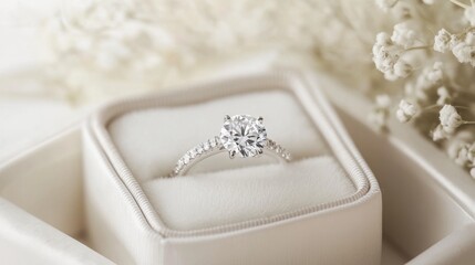 Poster - A large, flawless diamond resting in a cushioned white box, perfect for luxury and proposal themes.