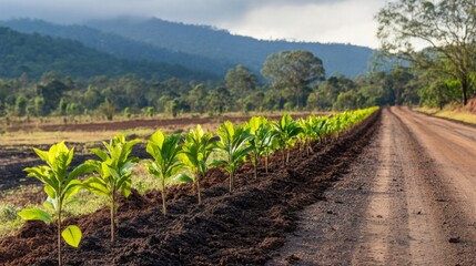 Poster - A line of saplings planted along a dirt road, representing reforestation efforts in a rural area.