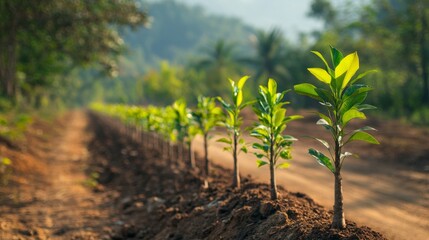 Poster - A line of saplings planted along a dirt road, representing reforestation efforts in a rural area.