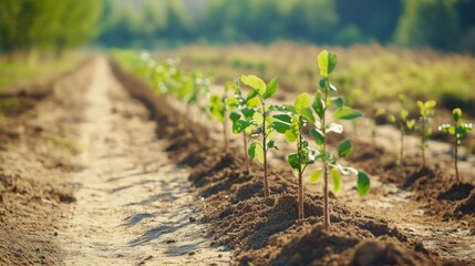 Poster - A line of saplings planted along a dirt road, representing reforestation efforts in a rural area.