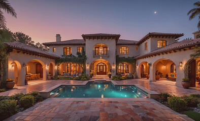 Poster - A large house with a pool and a moon in the sky. The house is lit up and has a warm, inviting atmosphere