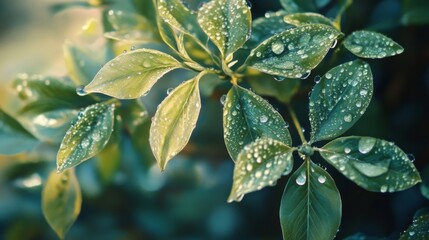 Aufkleber - A macro shot of fresh green leaves unfurling on a young tree branch, glistening with morning dew.