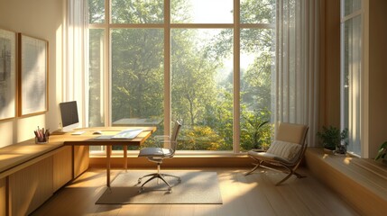 Poster - A minimalist home office nook with a wooden desk, comfortable chair, and plenty of natural light flowing through large windows.