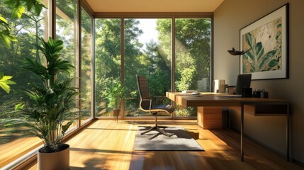 Poster - A minimalist home office nook with a wooden desk, comfortable chair, and plenty of natural light flowing through large windows.
