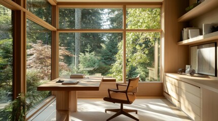 Poster - A minimalist home office nook with a wooden desk, comfortable chair, and plenty of natural light flowing through large windows.