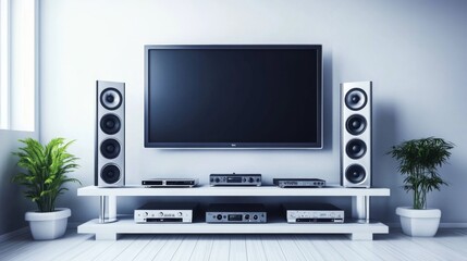 Poster - A modern home audio system setup featuring a set of elegant speakers on a minimalist living room shelf.