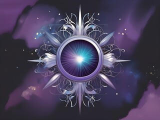 Wall Mural - A mystical, circular design features a radiant blue center surrounded by intricate, symmetrical silver patterns. Set against a dark, cosmic background with shades of purple and scattered light specks