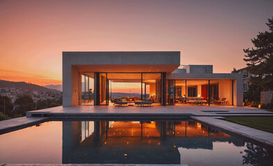 Poster - A large house with a pool and a large glass door. The house is surrounded by trees and the sky is orange