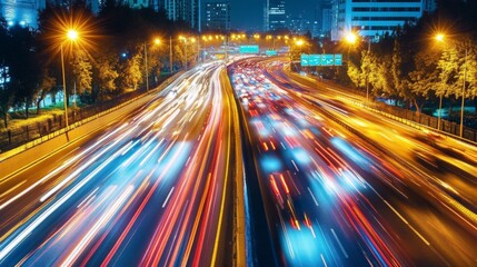 Aufkleber - A motorway tunnel illuminated by bright lights, with cars driving through smoothly.