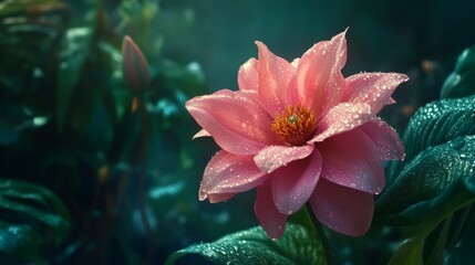 Poster - A pink flower with large, glistening water droplets on its petals, contrasting against the lush green leaves of a garden.