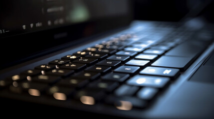 Poster - Closeup Modern Laptop Keyboard Dark Blue Light Technology Keys Work Glow Data Image Input Style     