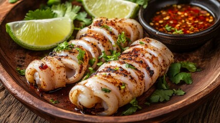 Poster - A plate of freshly grilled squid with smoky grill marks, garnished with lime wedges and chili dipping sauce, placed on a wooden table.