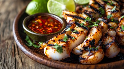 Poster - A plate of freshly grilled squid with smoky grill marks, garnished with lime wedges and chili dipping sauce, placed on a wooden table.