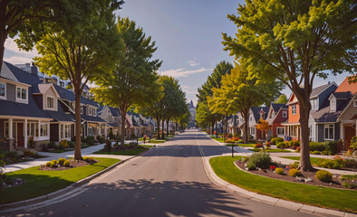 Poster - A quiet residential street with a few houses and trees lining the road. The street is empty and the houses are well maintained