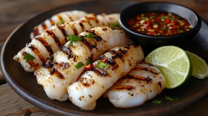 Poster - A plate of freshly grilled squid with smoky grill marks, garnished with lime wedges and chili dipping sauce, placed on a wooden table.
