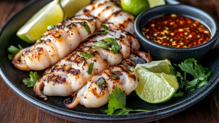 Poster - A plate of freshly grilled squid with smoky grill marks, garnished with lime wedges and chili dipping sauce, placed on a wooden table.
