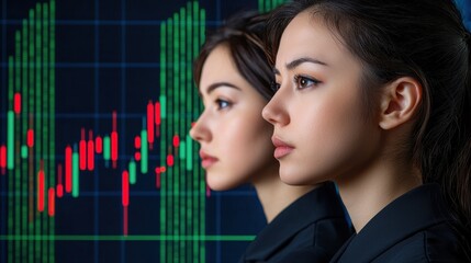 Poster - clean energy wind marketing concept. Two women profile against a financial chart, symbolizing analysis and investment strategies.