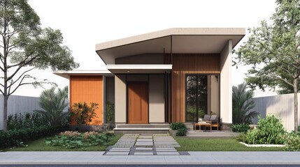 Poster - A side view of a minimalist house with simple geometric lines, a small garden, and natural landscaping, creating a harmonious design.