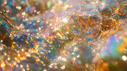 Poster - Abstract Golden Iridescent Bubbles Liquid Flowing Texture Background Water Shine Fluid Light Macro  