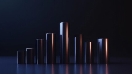 Poster - A sleek D bar graph with glossy columns of different heights, set against a dark background, emphasizing data visualization in finance and business.
