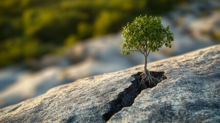 Poster - A small tree emerging from a crack in a rock, symbolizing resilience and strength in nature.