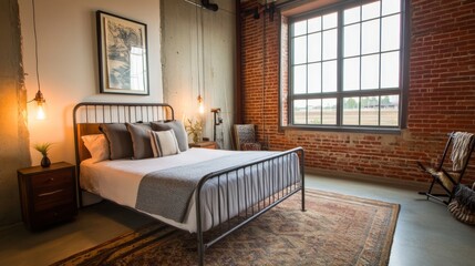 Aufkleber - A stylish, industrial-style bedroom with a metal bed frame, exposed brick walls, and contemporary lighting fixtures.