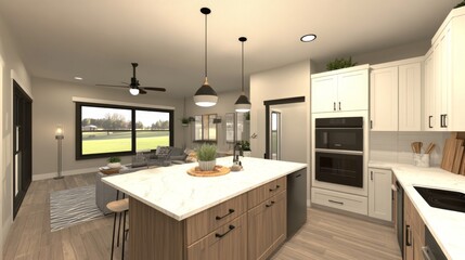 Poster - A stylish interior shot of a twin house, focusing on the kitchen with sleek countertops, high-end appliances, and an open layout.
