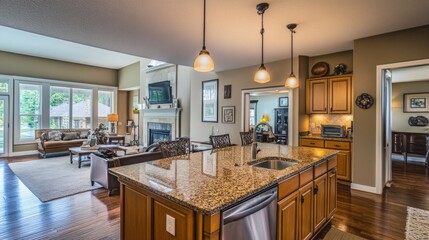 Poster - A stylish interior shot of a twin house, focusing on the kitchen with sleek countertops, high-end appliances, and an open layout.