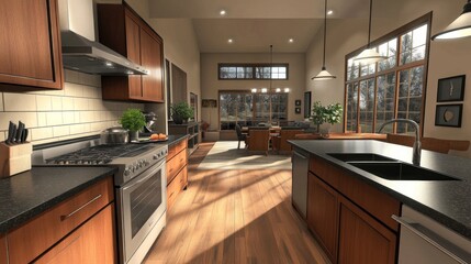 Poster - A stylish interior shot of a twin house, focusing on the kitchen with sleek countertops, high-end appliances, and an open layout.