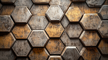 Poster - Abstract Hexagon Pattern Brown Gold Texture Background Design 3D Art Wall Tile Metal Stone Image    