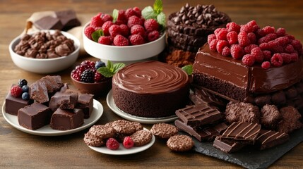 Poster - A variety of chocolate desserts on a table, including chocolate cake, mousse, and cookies, beautifully arranged with fresh berries.