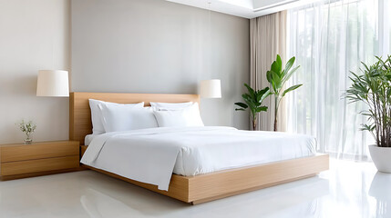 Poster - Modern minimalist bedroom design urban apartment interior photography bright environment wide angle comfort and style