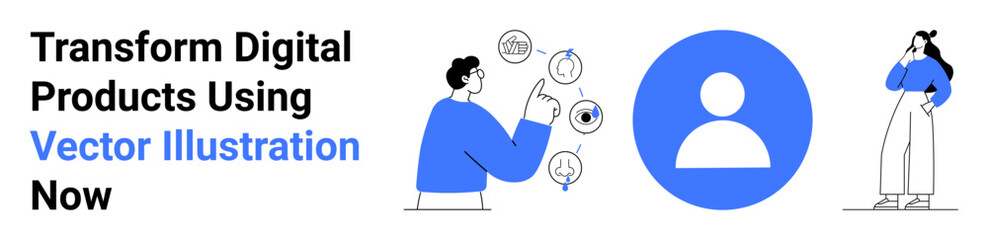Male figure exploring workflow with icons, female figure thinking. Ideal for teamwork, creativity, planning, brainstorming, digital transformation, user interface, flat landing page banner
