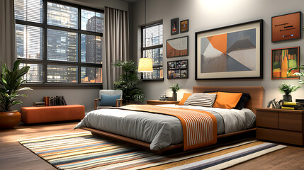 Poster - Modern bedroom design urban apartment interior decor cozy environment bright viewpoint stylish concept for relaxation
