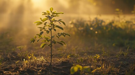 Aufkleber - A young tree growing in an open field, with golden rays of sunrise shining through the morning mist.