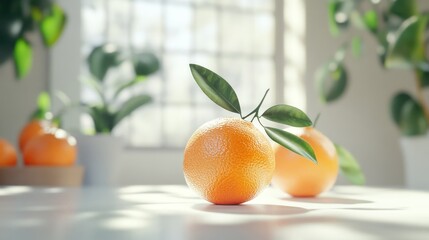 Wall Mural - Fresh oranges on table, sunlit room, plants