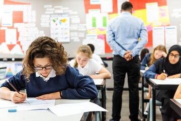 Fototapete - Focused students in a classroom writing and taking an exam. Diverse students in uniforms taking exam. Classroom exam setting with attentive students and teacher. Teacher look out students taking exam