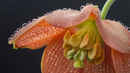 Poster - Close-up of a blooming flower with dew-covered petals, highlighting the natural beauty and fresh look created by the water droplets.