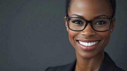 Fototapete - Close-up of a businesswoman with a friendly smile, wearing glasses and a suit, demonstrating clarity and professionalism in a corporate environment.