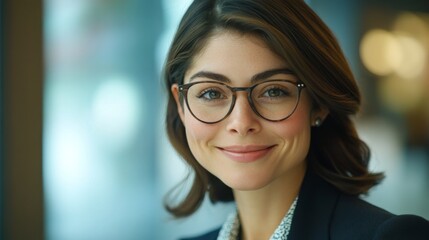 Fototapete - Close-up of a businesswoman with a friendly smile, wearing glasses and a suit, demonstrating clarity and professionalism in a corporate environment.
